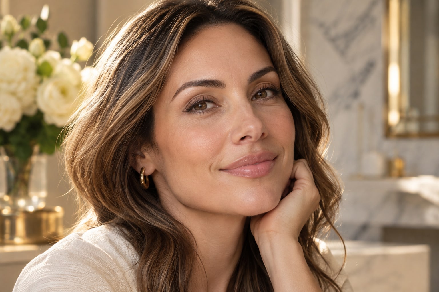 A woman with wavy brown hair and gold hoop earrings rests her chin on her hand, smiling softly in a bright, marble-clad room with white flowers nearby.